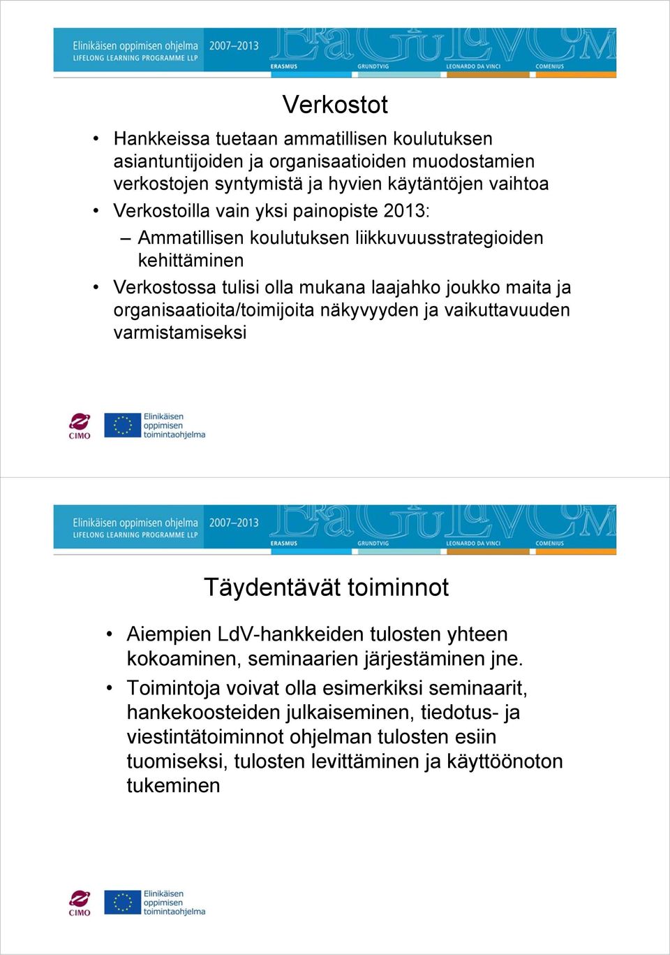 näkyvyyden ja vaikuttavuuden varmistamiseksi Täydentävät toiminnot Aiempien LdV-hankkeiden tulosten yhteen kokoaminen, seminaarien järjestäminen jne.