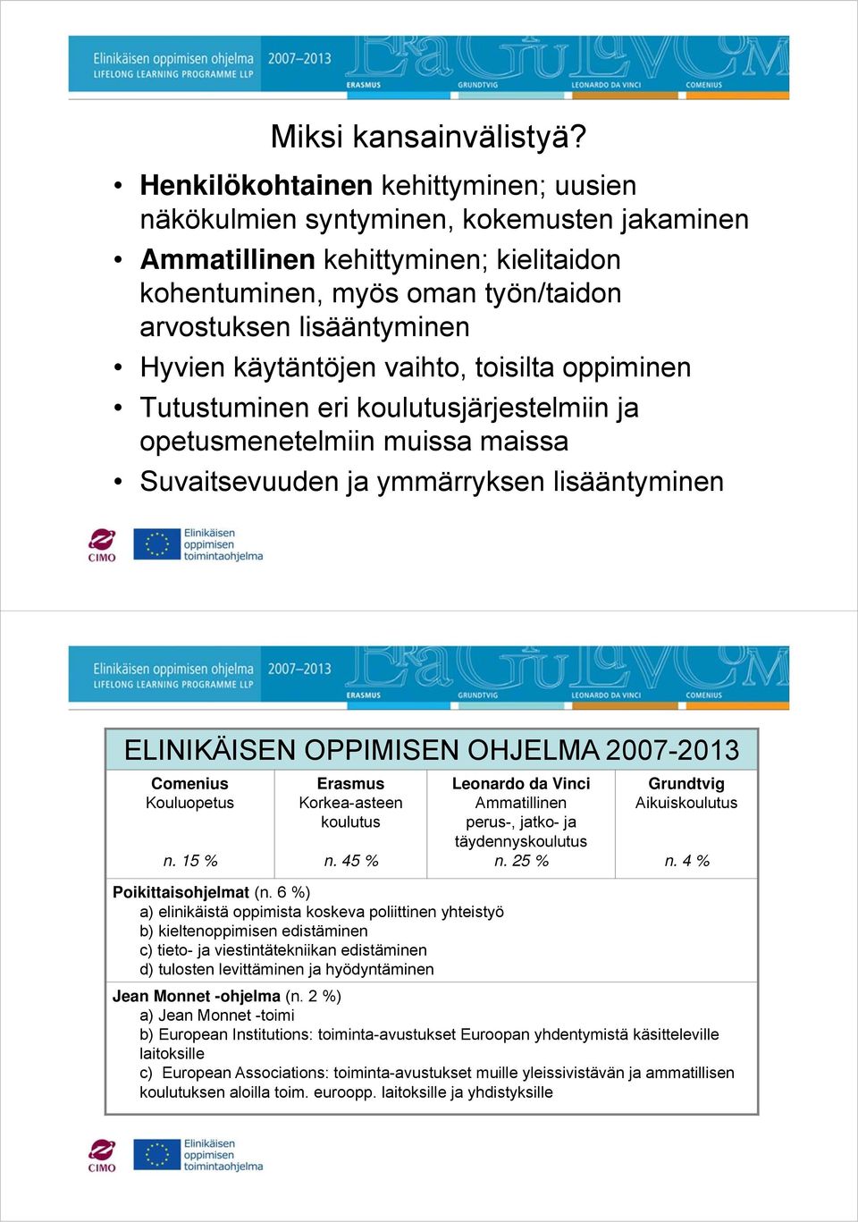 käytäntöjen vaihto, toisilta oppiminen Tutustuminen eri koulutusjärjestelmiin ja opetusmenetelmiin muissa maissa Suvaitsevuuden ja ymmärryksen lisääntyminen ELINIKÄISEN OPPIMISEN OHJELMA 2007-2013