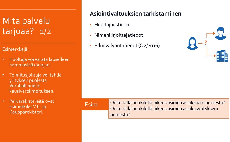 Asiointivaltuuksien tarkistaminen Huoltajuustiedot Nimenkirjoittajatiedot Edunvalvontatiedot (Q2/2016)?