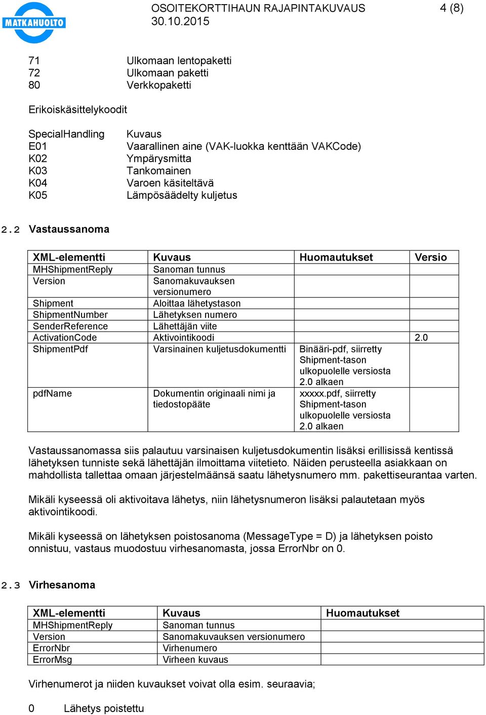 2 Vastaussanoma XML-elementti Kuvaus Huomautukset Versio MHShipmentReply Sanoman tunnus Version Sanomakuvauksen versionumero Shipment Aloittaa lähetystason ShipmentNumber Lähetyksen numero