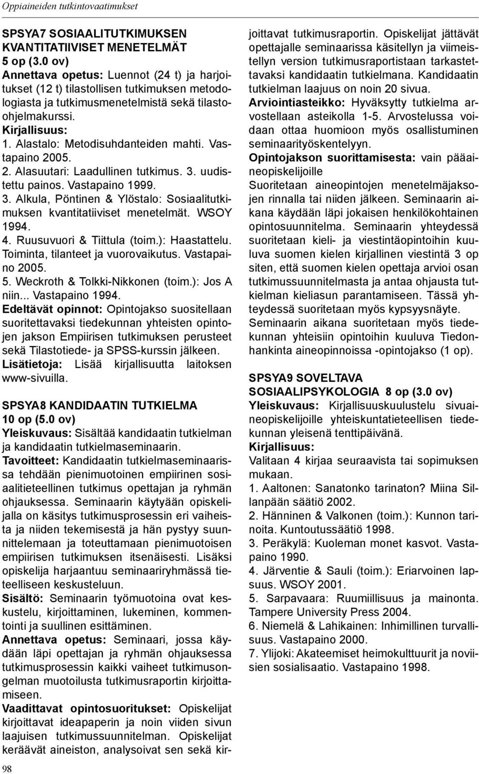 Vastapaino 2005. 2. Alasuutari: Laadullinen tutkimus. 3. uudistettu painos. Vastapaino 1999. 3. Alkula, Pöntinen & Ylöstalo: Sosiaalitutkimuksen kvantitatiiviset menetelmät. WSOY 1994. 4.