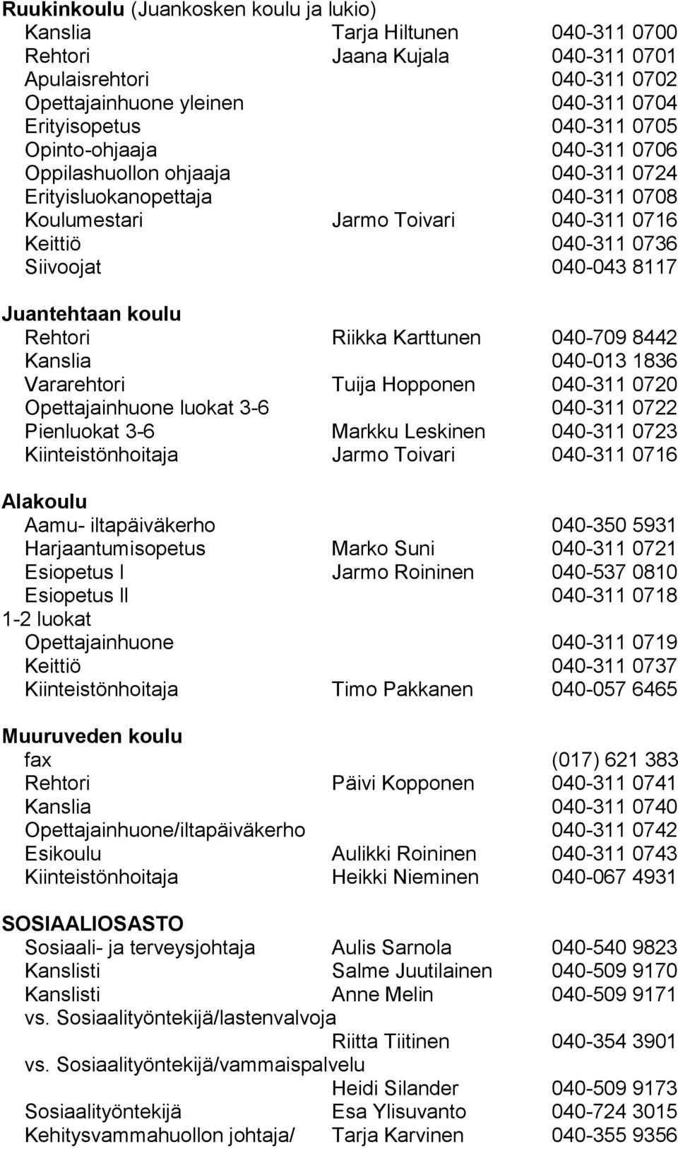 koulu Rehtori Riikka Karttunen 040-709 8442 Kanslia 040-013 1836 Vararehtori Tuija Hopponen 040-311 0720 Opettajainhuone luokat 3-6 040-311 0722 Pienluokat 3-6 Markku Leskinen 040-311 0723