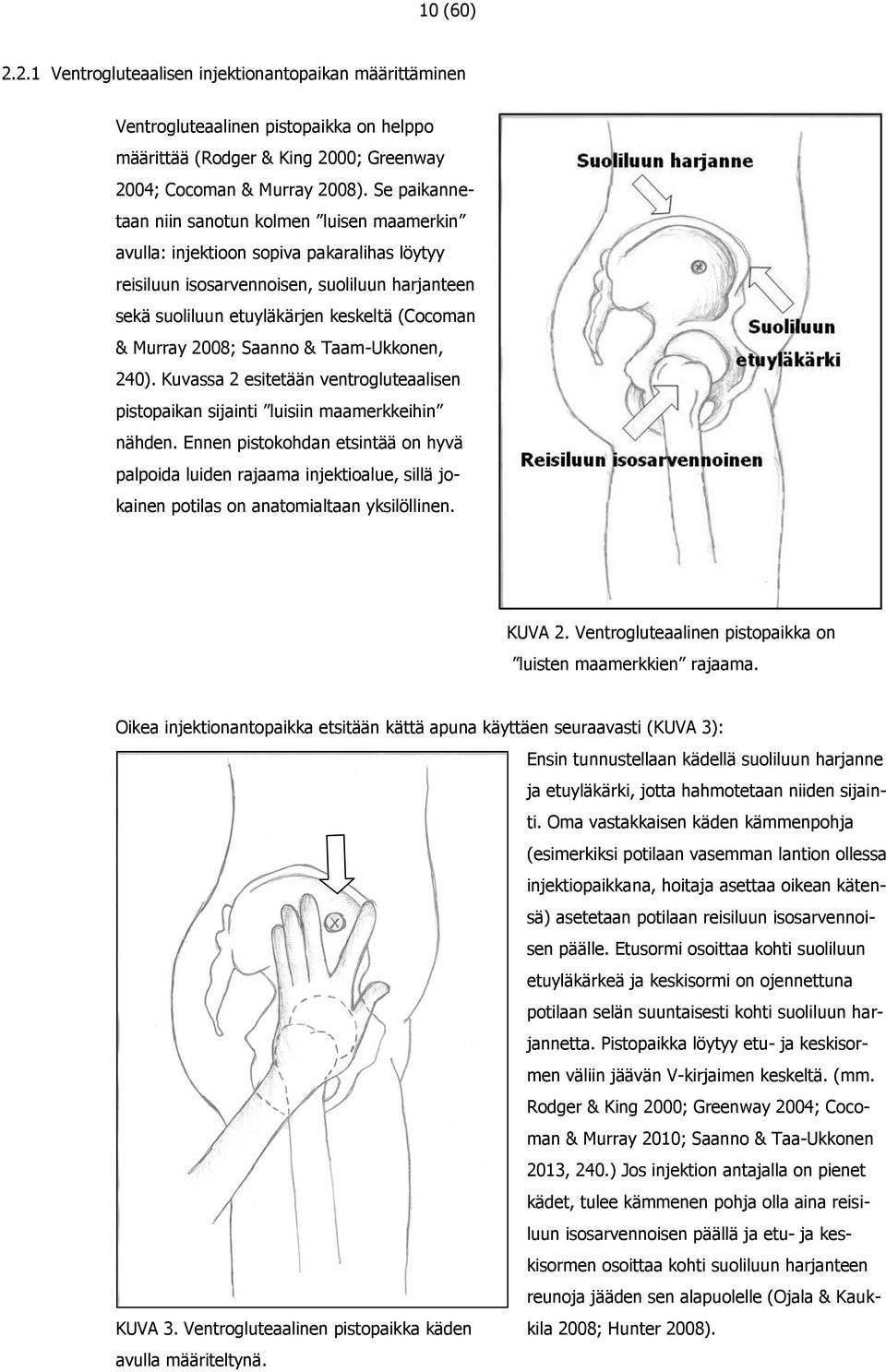Murray 2008; Saanno & Taam-Ukkonen, 240). Kuvassa 2 esitetään ventrogluteaalisen pistopaikan sijainti luisiin maamerkkeihin nähden.