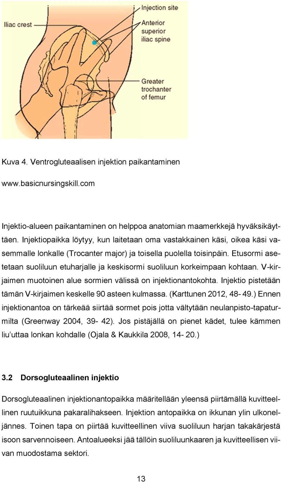 Etusormi asetetaan suoliluun etuharjalle ja keskisormi suoliluun korkeimpaan kohtaan. V-kirjaimen muotoinen alue sormien välissä on injektionantokohta.