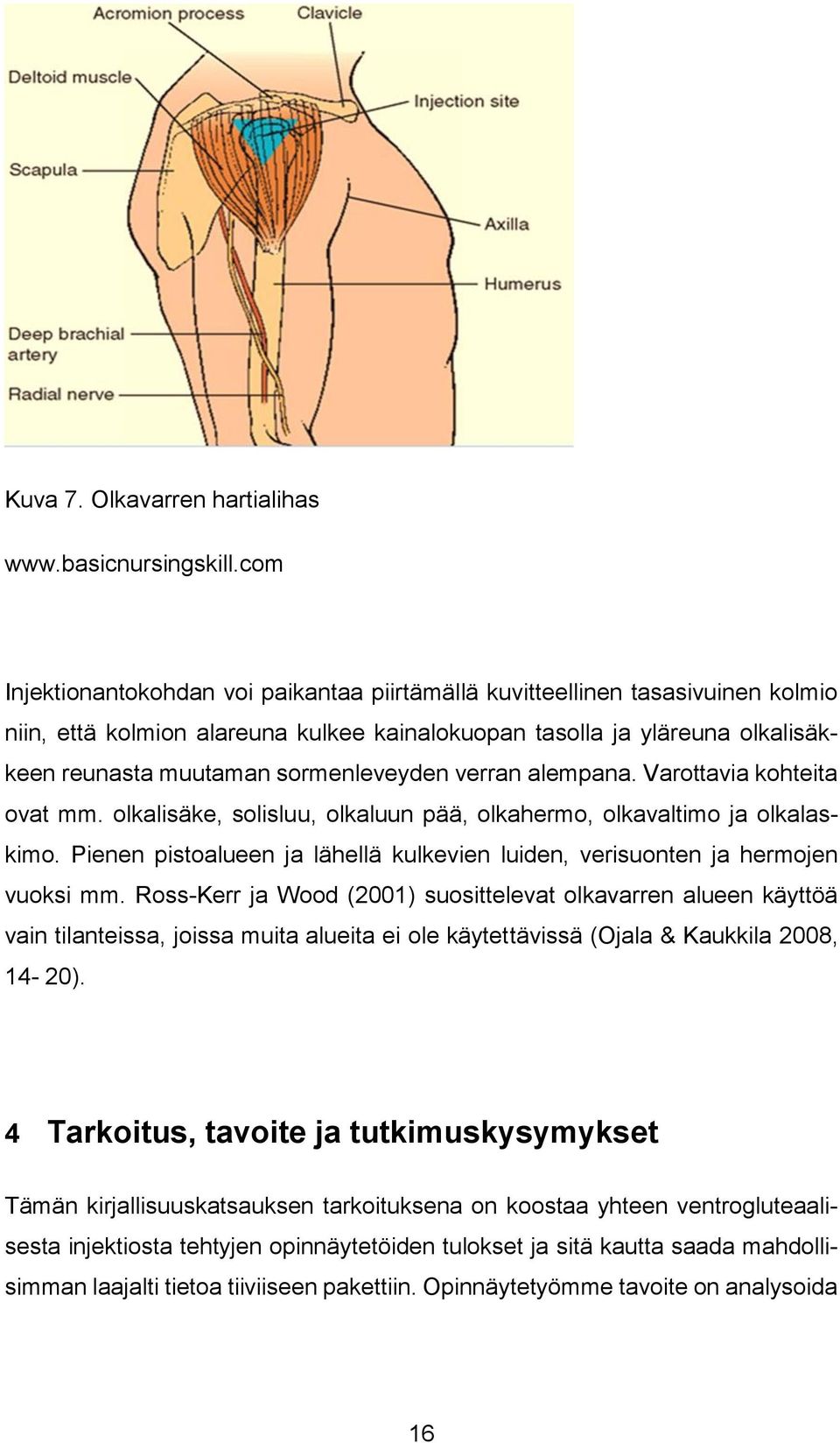 sormenleveyden verran alempana. Varottavia kohteita ovat mm. olkalisäke, solisluu, olkaluun pää, olkahermo, olkavaltimo ja olkalaskimo.