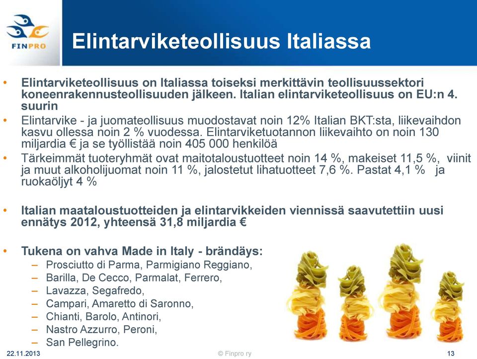 Elintarviketuotannon liikevaihto on noin 130 miljardia ja se työllistää noin 405 000 henkilöä Tärkeimmät tuoteryhmät ovat maitotaloustuotteet noin 14 %, makeiset 11,5 %, viinit ja muut alkoholijuomat