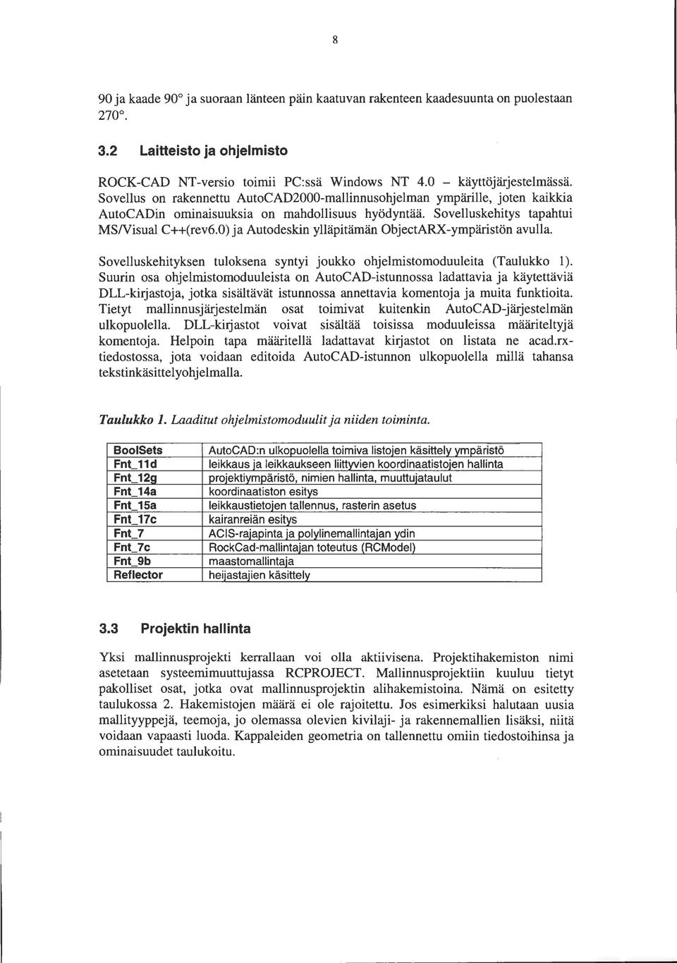 0) ja Autodeskin ylläpitämän ObjectARX-ympäristön avulla. Sovelluskehityksen tuloksena syntyi joukko ohjelmistomoduuleita (Taulukko ).