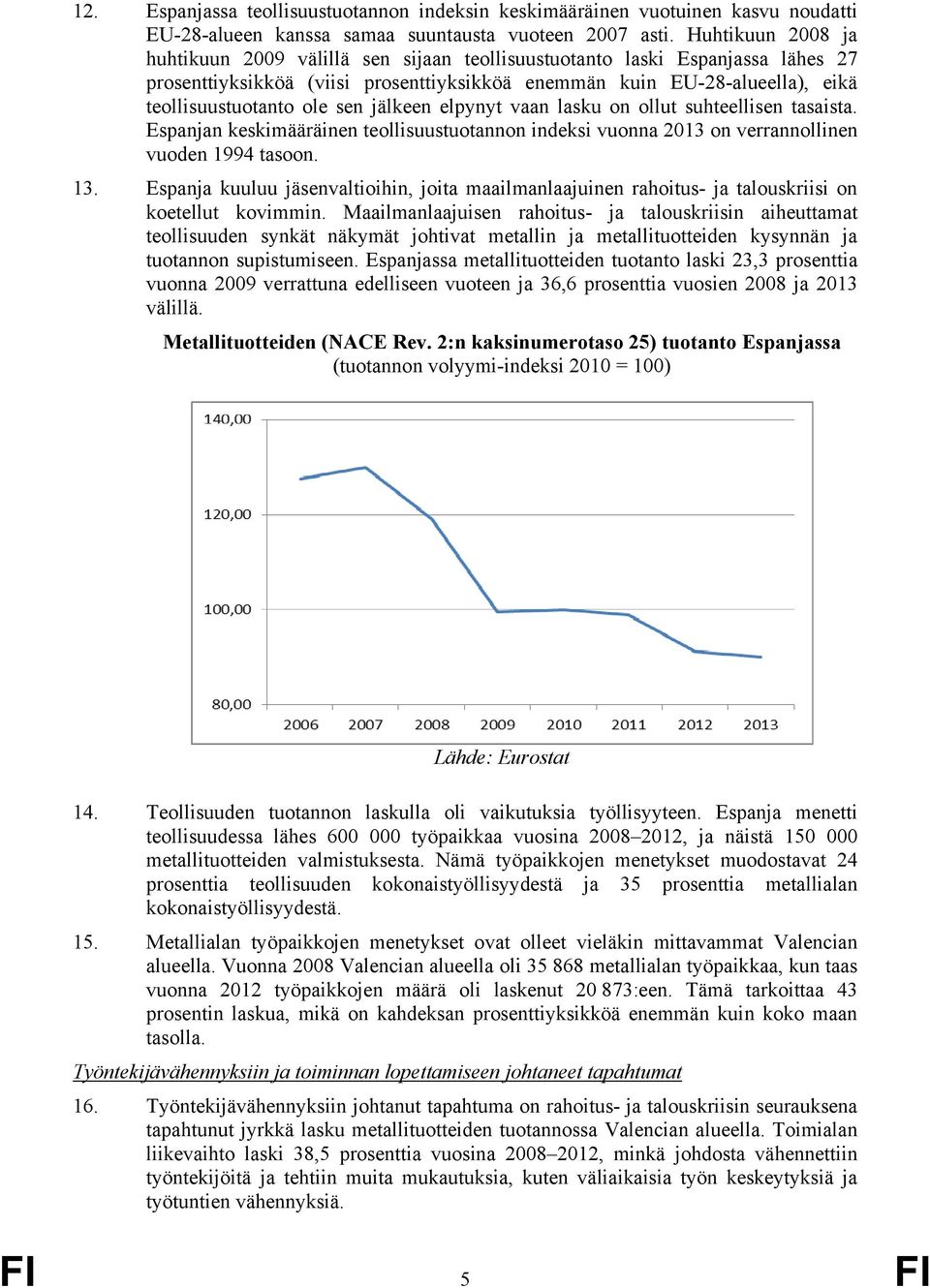 sen jälkeen elpynyt vaan lasku on ollut suhteellisen tasaista. Espanjan keskimääräinen teollisuustuotannon indeksi vuonna 2013 on verrannollinen vuoden 1994 tasoon. 13.