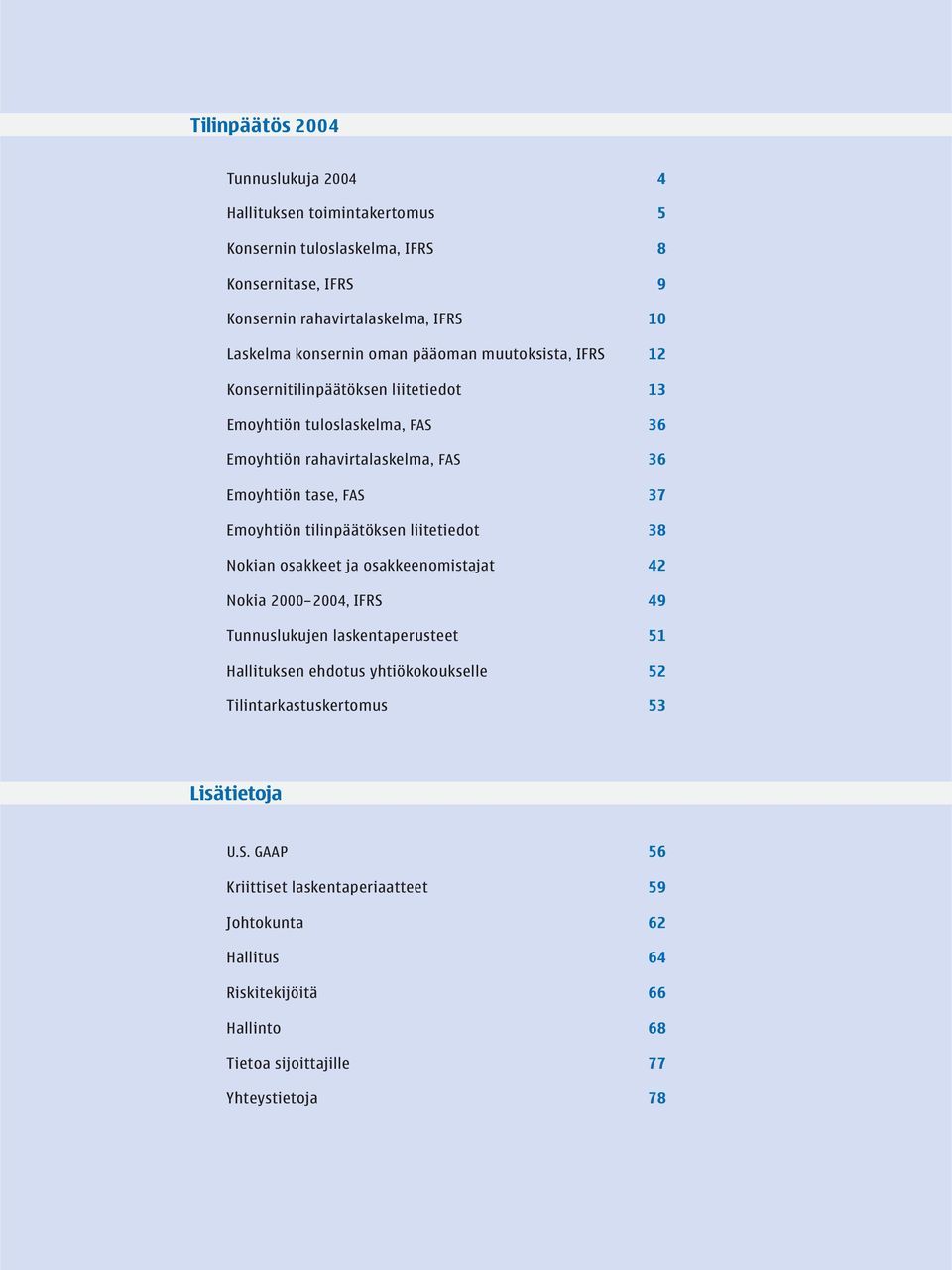 Emoyhtiön tilinpäätöksen liitetiedot 38 Nokian osakkeet ja osakkeenomistajat 42 Nokia 2000 2004, IFRS 49 Tunnuslukujen laskentaperusteet 51 Hallituksen ehdotus