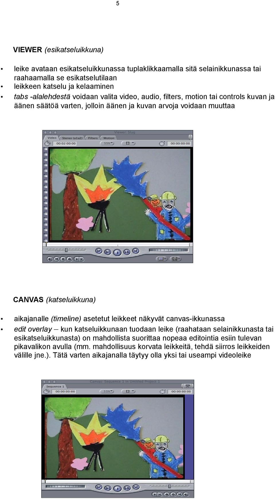 aikajanalle (timeline) asetetut leikkeet näkyvät canvas-ikkunassa edit overlay kun katseluikkunaan tuodaan leike (raahataan selainikkunasta tai esikatseluikkunasta) on mahdollista