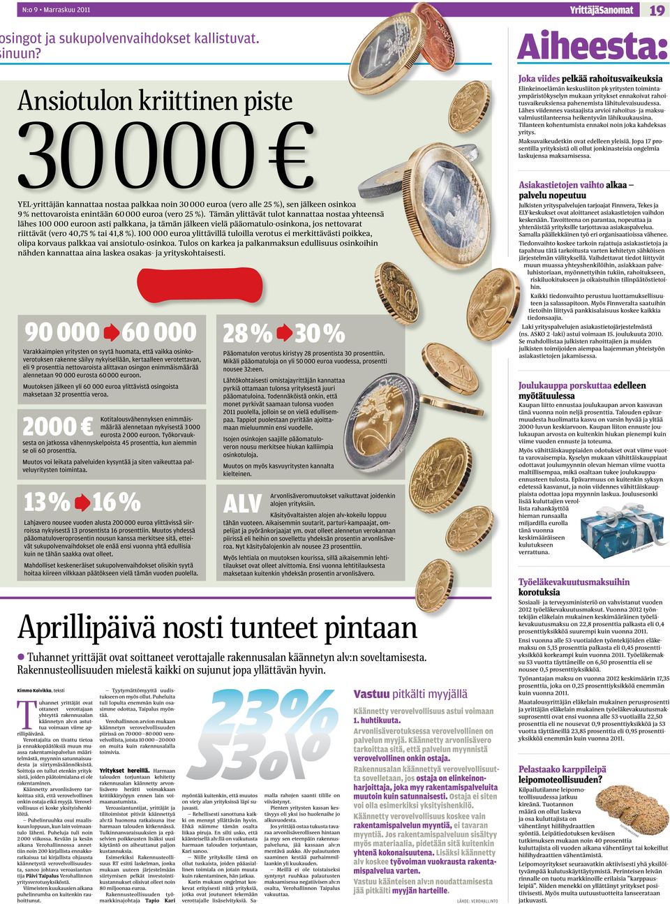 Tämän ylittävät tulot kannattaa nostaa yhteensä lähes 100 000 euroon asti palkkana, ja tämän jälkeen vielä pääomatulo-osinkona, jos nettovarat riittävät (vero 40,75 % tai 41,8 %).