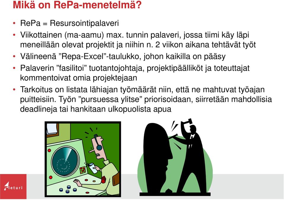 2 viikon aikana tehtävät työt Välineenä Repa-Excel -taulukko, johon kaikilla on pääsy Palaverin fasilitoi tuotantojohtaja,