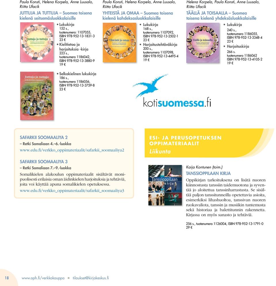 , tuotenumero 1186056, ISBN 978-952-13-3759-8 23 Paula Konsti, Helena Korpela, Anne Luusalo, Riitta Ufacik Yhteistä ja omaa Suomea toisena kielenä kahdeksasluokkalaisille Lukukirja 168 s.