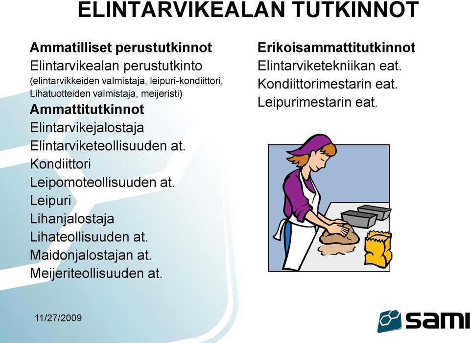 Elintarviketeollisuuden at. Kondiittori Leipomoteollisuuden at. Leipuri Lihanjalostaja Lihateollisuuden at.