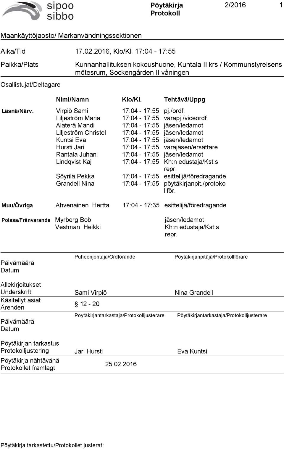 Virpiö Sami 17:04-17:55 pj./ordf. Liljeström Maria 17:04-17:55 varapj./viceordf.