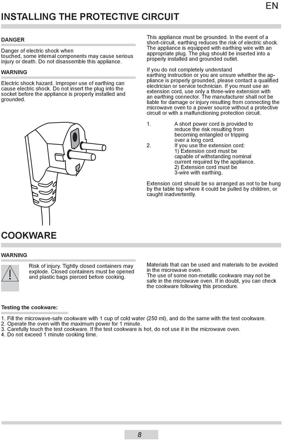 This appliance must be grounded. In the event of a short-circuit, earthing reduces the risk of electric shock. The appliance is equipped with earthing wire with an appropriate plug.