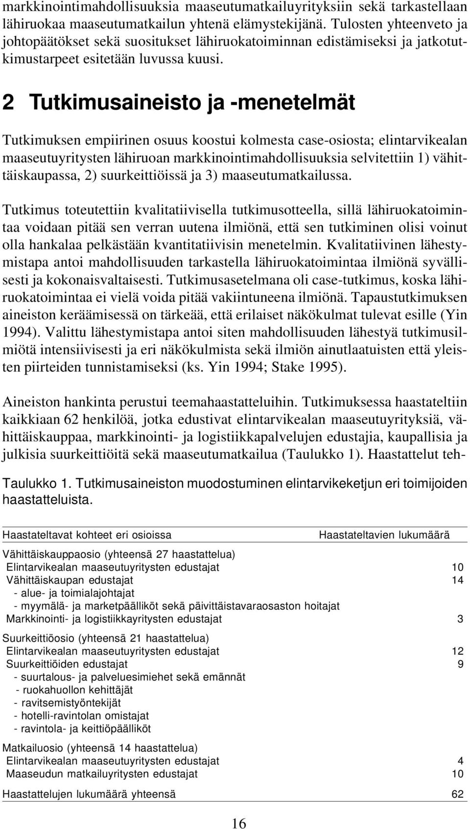 2 Tutkimusaineisto ja -menetelmät Tutkimuksen empiirinen osuus koostui kolmesta case-osiosta; elintarvikealan maaseutuyritysten lähiruoan markkinointimahdollisuuksia selvitettiin 1)