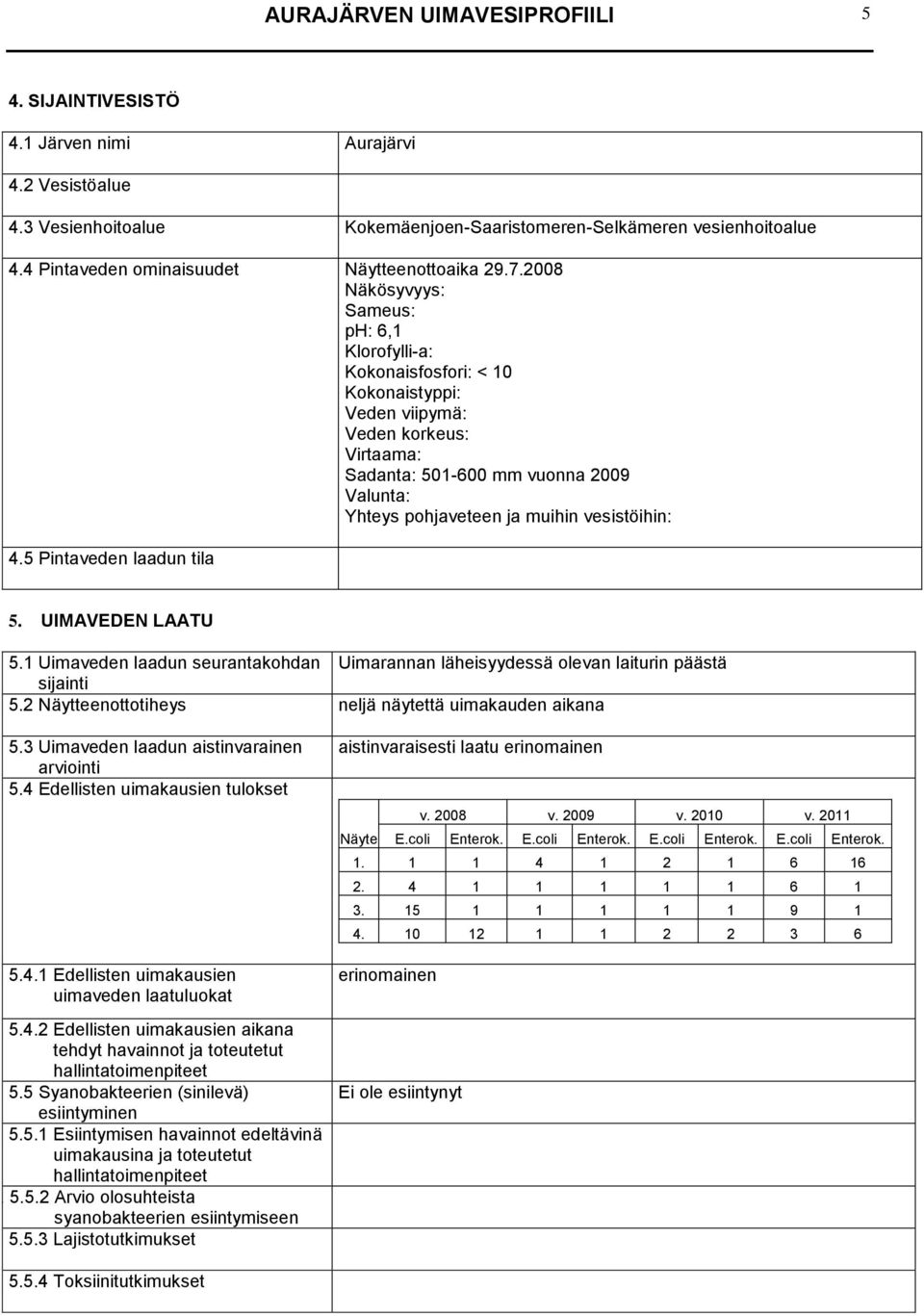 2008 Näkösyvyys: Sameus: ph: 6,1 Klorofylli-a: Kokonaisfosfori: < 10 Kokonaistyppi: Veden viipymä: Veden korkeus: Virtaama: Sadanta: 501-600 mm vuonna 2009 Valunta: Yhteys pohjaveteen ja muihin