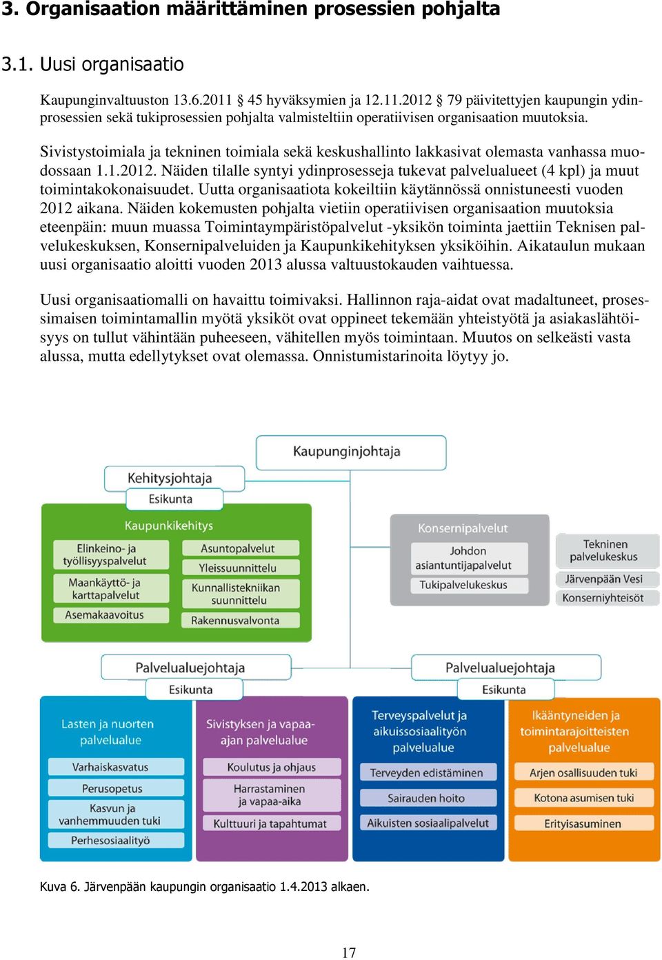 Sivistystimiala ja tekninen timiala sekä keskushallint lakkasivat lemasta vanhassa mudssaan 1.1.2012. Näiden tilalle syntyi ydinprsesseja tukevat palvelualueet (4 kpl) ja muut timintakknaisuudet.