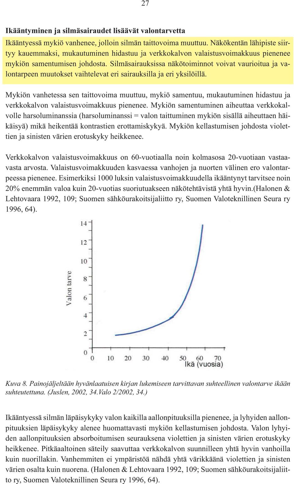 Silmäsairauksissa näkötoiminnot voivat vaurioitua ja valontarpeen muutokset vaihtelevat eri sairauksilla ja eri yksilöillä.