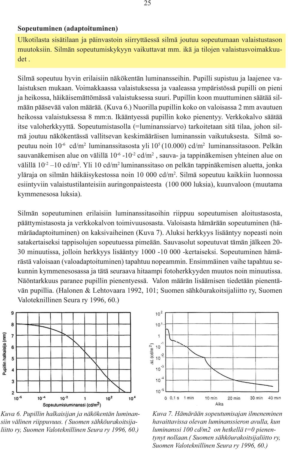 Voimakkaassa valaistuksessa ja vaaleassa ympäristössä pupilli on pieni ja heikossa, häikäisemättömässä valaistuksessa suuri. Pupillin koon muuttuminen säätää silmään pääsevää valon määrää. (Kuva 6.