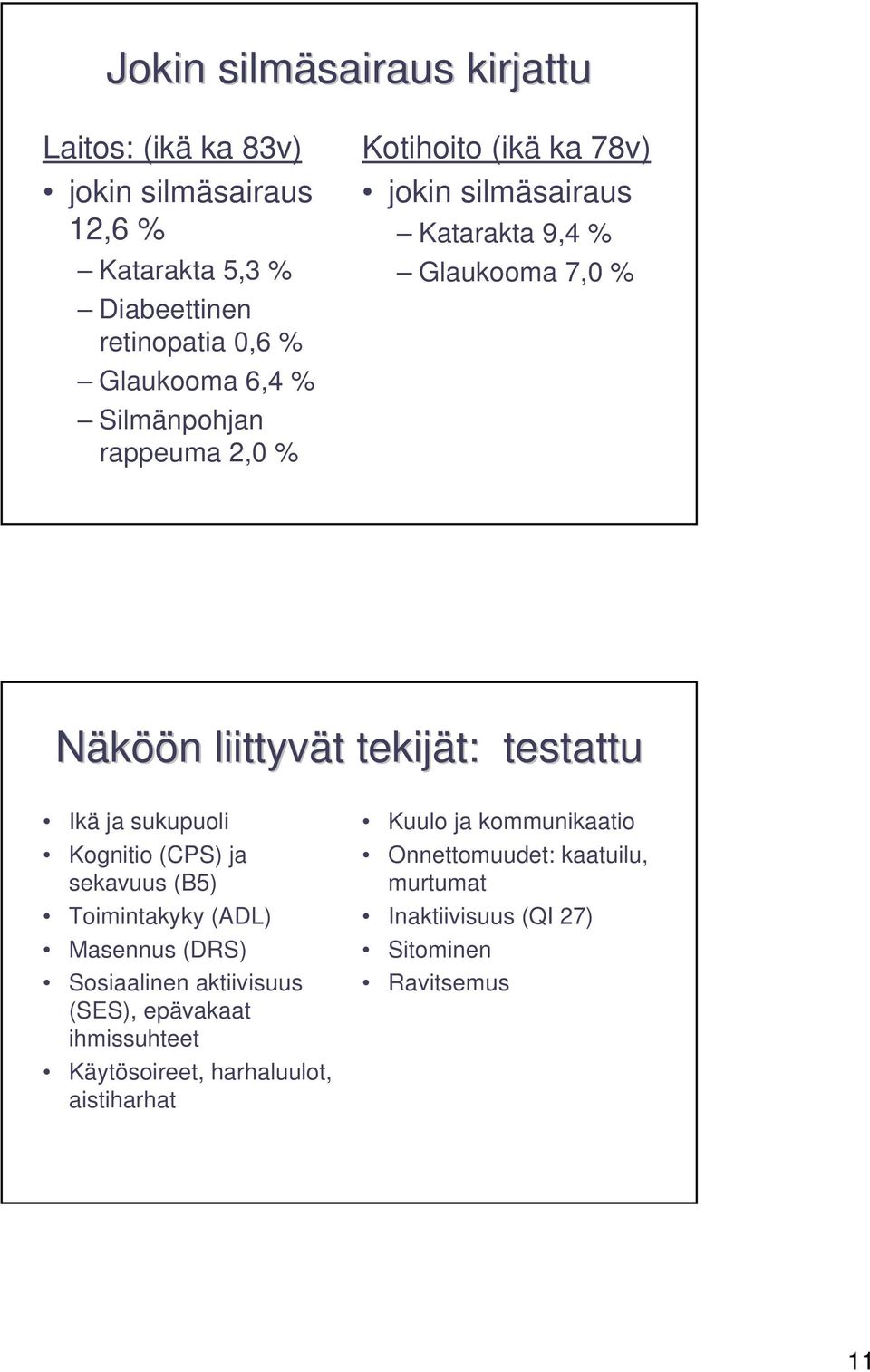 testattu Ikä ja sukupuoli Kognitio (CPS) ja sekavuus (B5) Toimintakyky (ADL) Masennus (DRS) Sosiaalinen aktiivisuus (SES), epävakaat