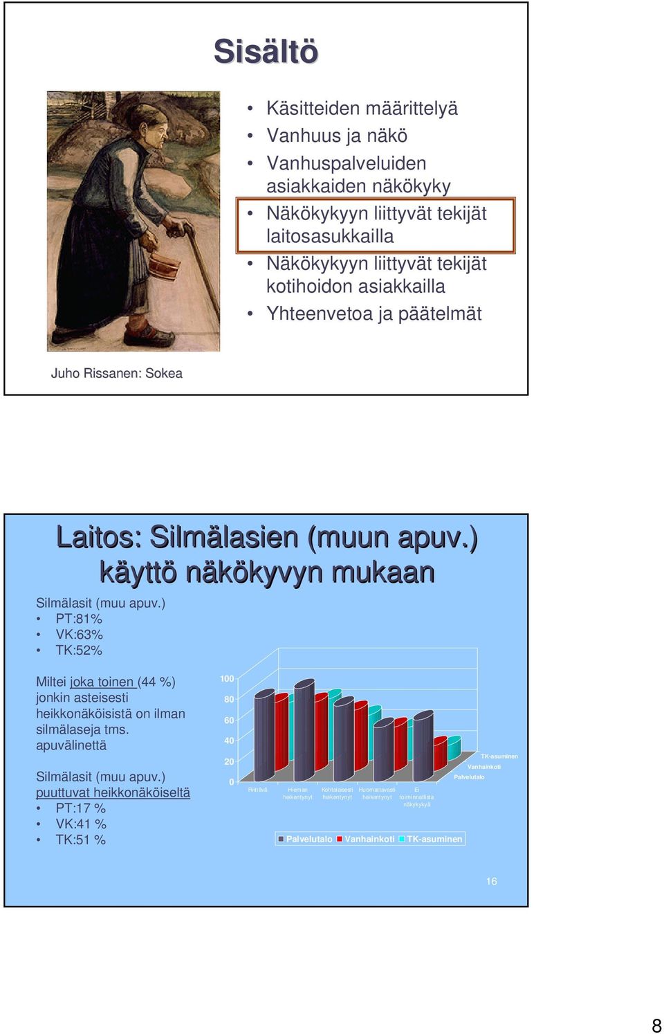 ) PT:81% VK:63% TK:52% Miltei joka toinen (44 %) jonkin asteisesti heikkonäköisistä on ilman silmälaseja tms. apuvälinettä Silmälasit (muu apuv.