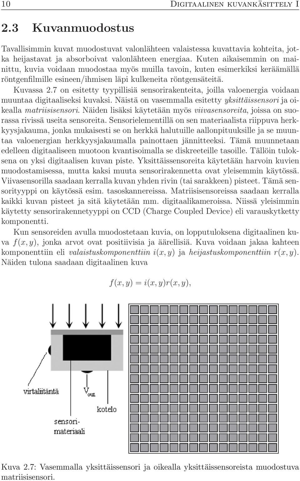 7 on esitetty tyypillisiä sensorirakenteita, joilla valoenergia voidaan muuntaa digitaaliseksi kuvaksi. Näistä on vasemmalla esitetty yksittäissensori ja oikealla matriisisensori.