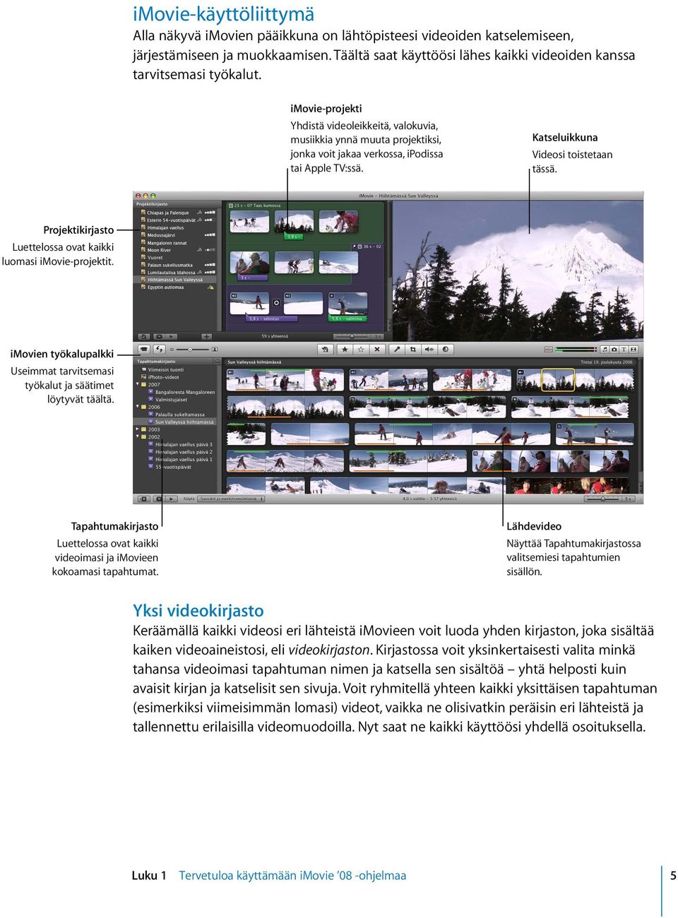 Projektikirjasto Luettelossa ovat kaikki luomasi imovie-projektit. imovien työkalupalkki Useimmat tarvitsemasi työkalut ja säätimet löytyvät täältä.