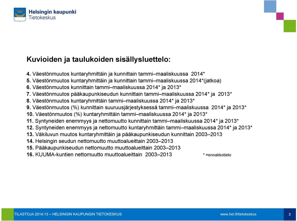 Väestönmuutos kuntaryhmittäin tammi maaliskuussa 2014* ja 2013* 9. Väestönmuutos (%) kunnittain suuruusjärjestyksessä tammi maaliskuussa 2014* ja 2013* 10.