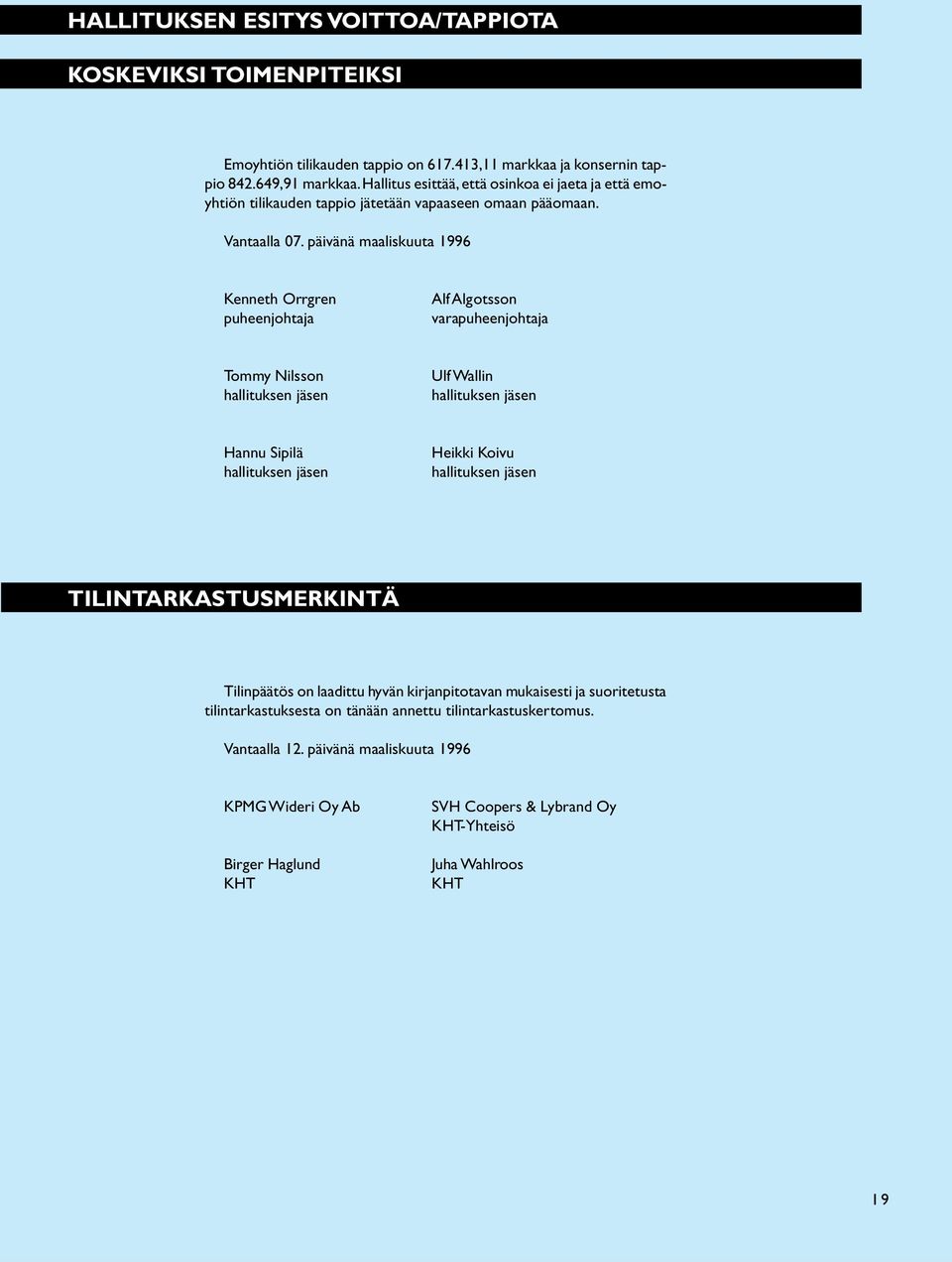 päivänä maaliskuuta 1996 Kenneth Orrgren puheenjohtaja Alf Algotsson varapuheenjohtaja Tommy Nilsson hallituksen jäsen Ulf Wallin hallituksen jäsen Hannu Sipilä hallituksen jäsen Heikki Koivu