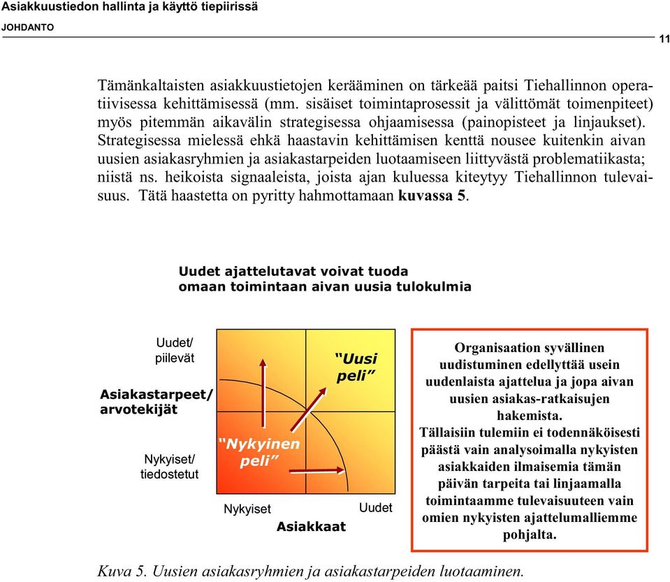 Strategisessa mielessä ehkä haastavin kehittämisen kenttä nousee kuitenkin aivan uusien asiakasryhmien ja asiakastarpeiden luotaamiseen liittyvästä problematiikasta; niistä ns.