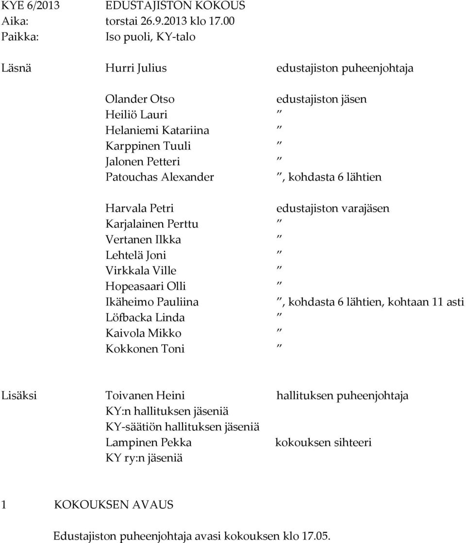 Patouchas Alexander, kohdasta 6 lähtien Harvala Petri edustajiston varajäsen Karjalainen Perttu Vertanen Ilkka Lehtelä Joni Virkkala Ville Hopeasaari Olli Ikäheimo Pauliina,