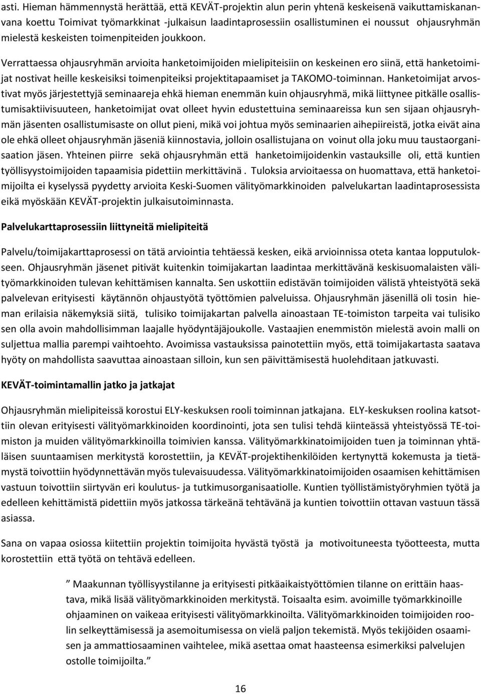 Verrattaessa ohjausryhmän arvioita hanketoimijoiden mielipiteisiin on keskeinen ero siinä, että hanketoimijat nostivat heille keskeisiksi toimenpiteiksi projektitapaamiset ja TAKOMO-toiminnan.