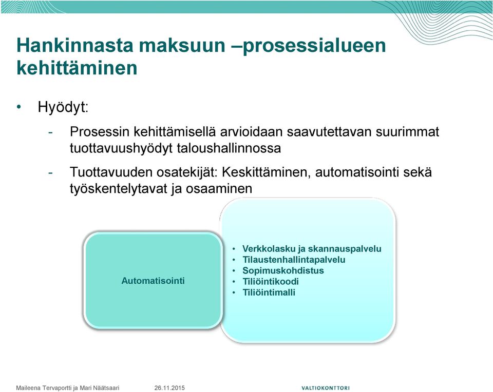 Keskittäminen, automatisointi sekä työskentelytavat ja osaaminen Automatisointi Verkkolasku