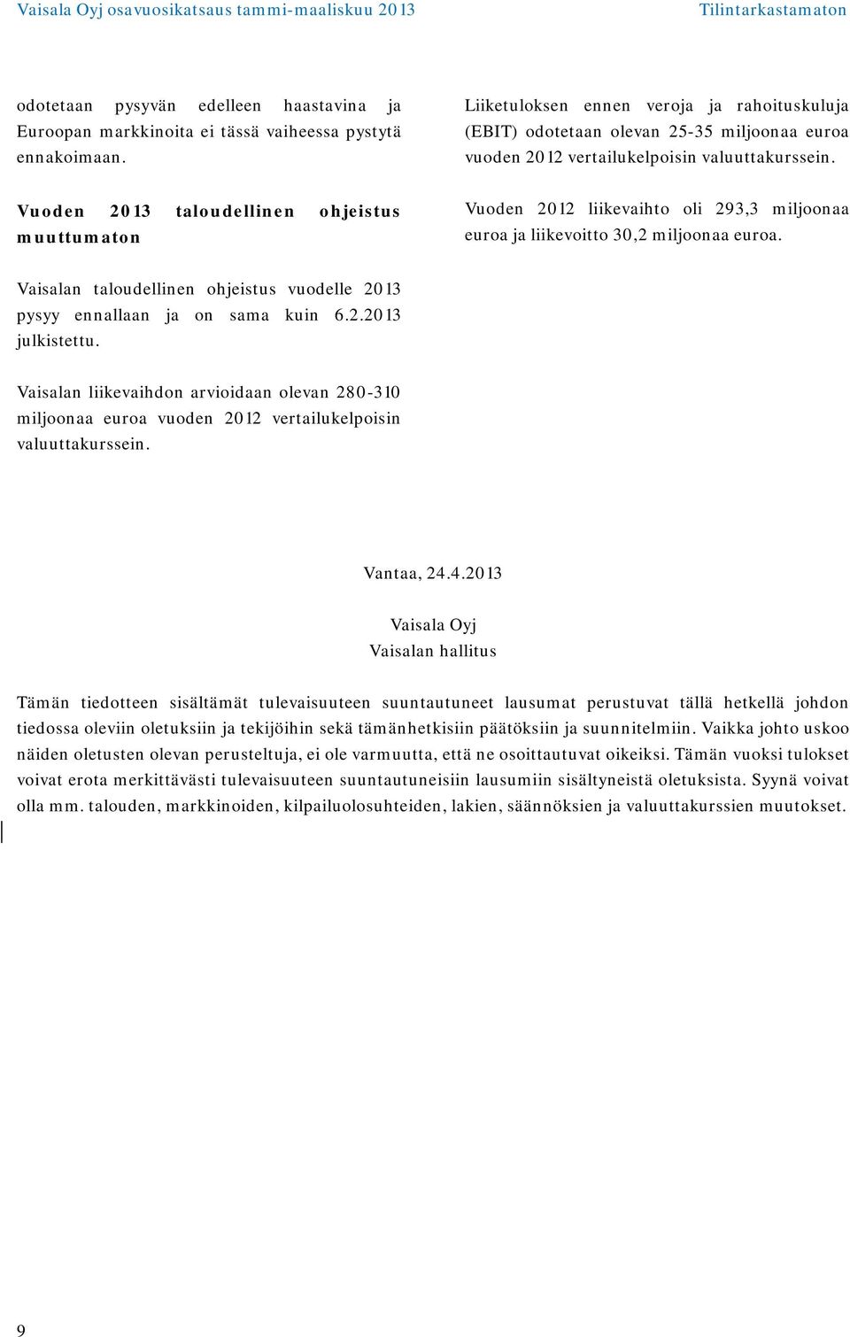 Vuoden 2013 taloudellinen ohjeistus muuttumaton Vuoden 2012 liikevaihto oli 293,3 miljoonaa euroa ja liikevoitto 30,2 miljoonaa euroa.