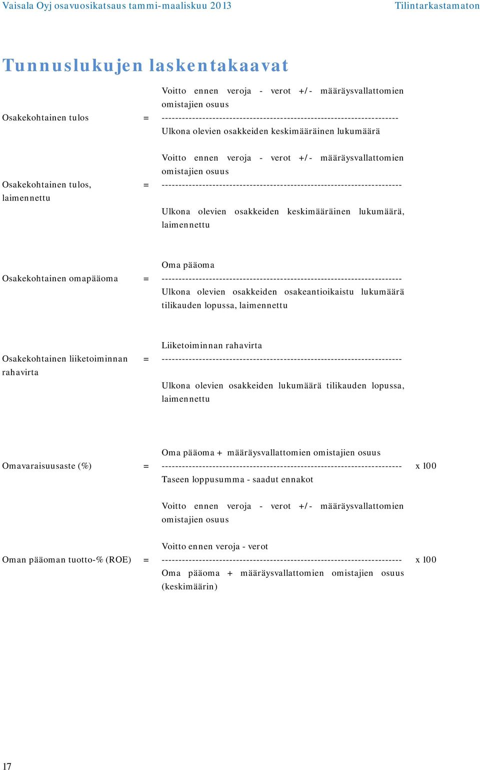 ----------------------------------------------------------------------- Ulkona olevien osakkeiden keskimääräinen lukumäärä, laimennettu Oma pääoma Osakekohtainen omapääoma =