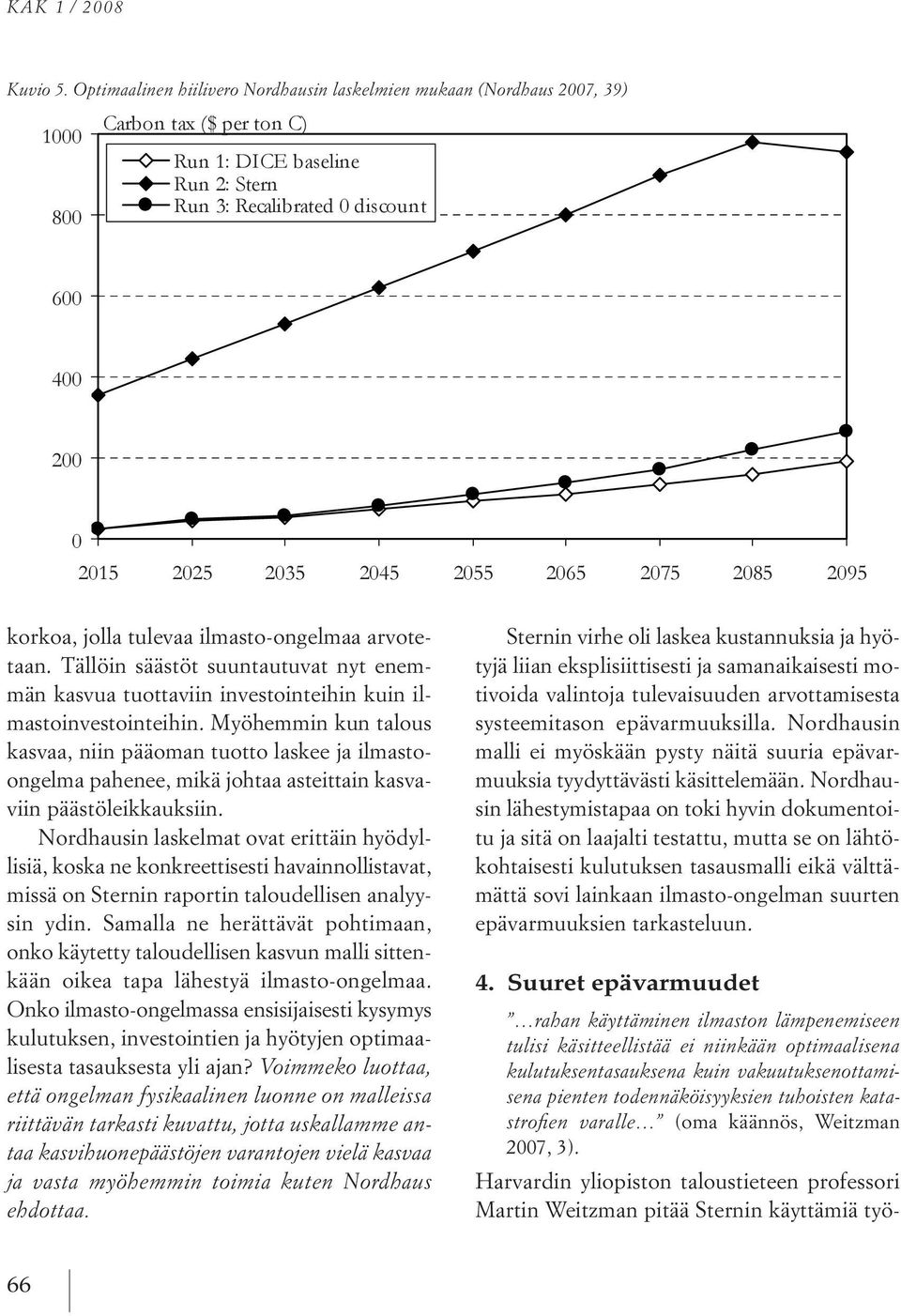 Myöhemmin kun talous kasvaa, niin pääoman tuotto laskee ja ilmastoongelma pahenee, mikä johtaa asteittain kasvaviin päästöleikkauksiin.