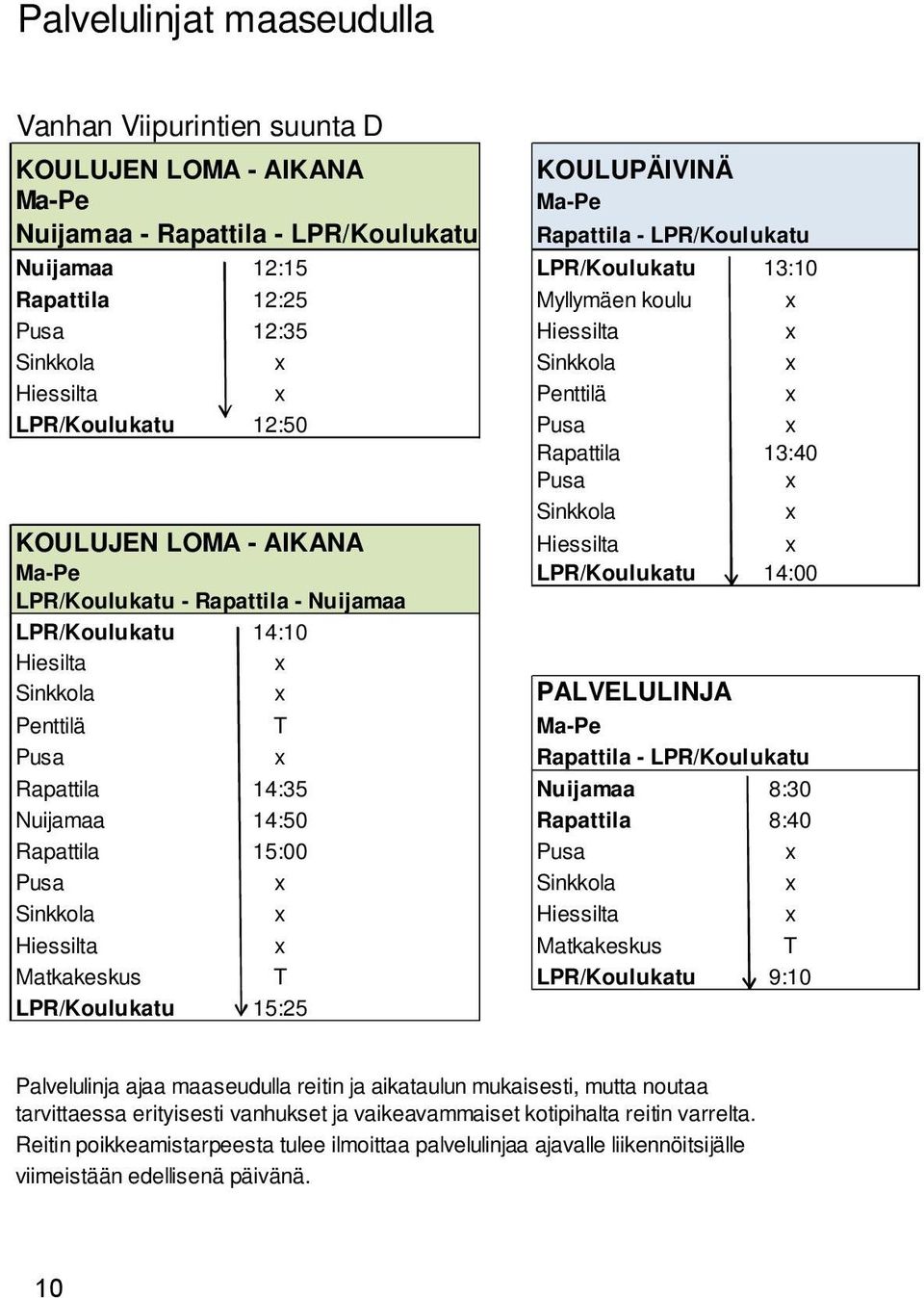 Hiessilta x Ma-Pe LPR/Koulukatu 14:00 LPR/Koulukatu - Rapattila - Nuijamaa LPR/Koulukatu 14:10 Hiesilta x Sinkkola x PALVELULINJA Penttilä T Ma-Pe Pusa x Rapattila - LPR/Koulukatu Rapattila 14:35