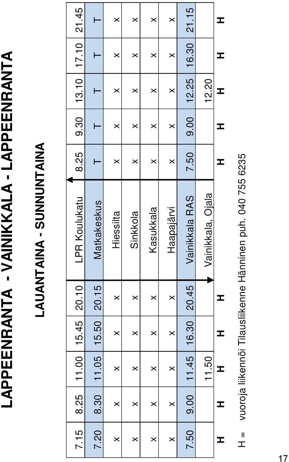 15 Matkakeskus T T T T T x x x x x Hiessilta x x x x x x x x x x Sinkkola x x x x x x x x x x Kasukkala x x x x x x x x x x