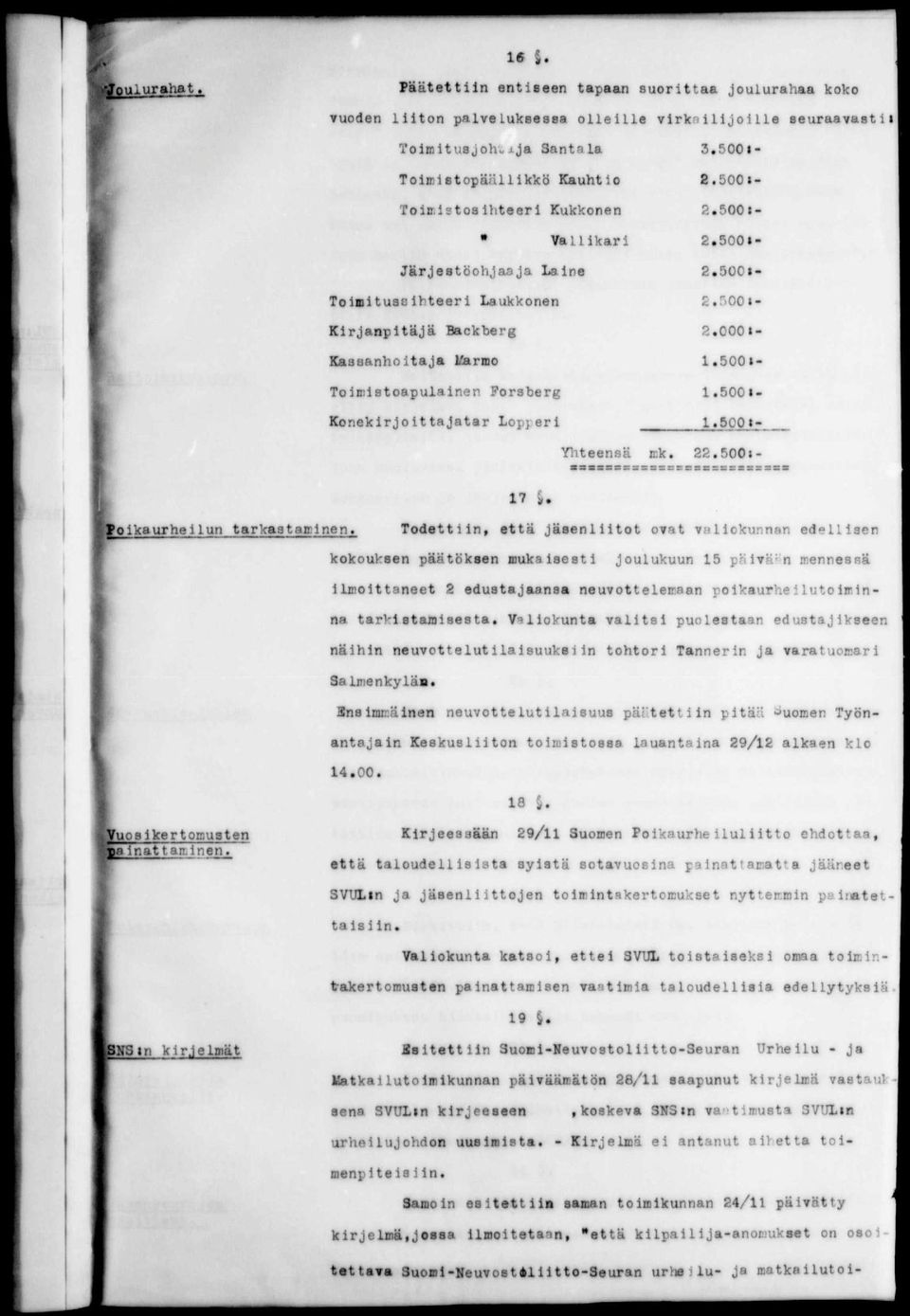 000»- Kassanhoitaja l/larmo 1,.500i- Toimistoapulainen Porsherg 1,.500 Konekirjoittajatar Lopperi 1,.500 17 i. Yhteensä mk. 22,.500»- SBSSBXZSSBBBSSBXKSSS«olkaurheilun tarkaataalnen.