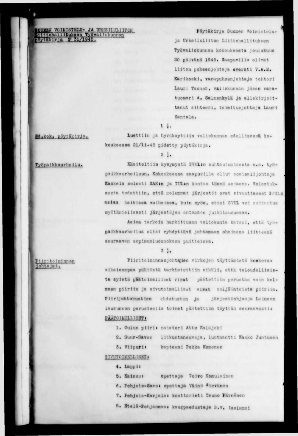 Luattiin Ja hyväksyttiin valiokunnan edelliseseä kokouksessa 81/145 pidetty pöytäkirja. 2 S. Tygpallclciiurhellu. Käsiteltiin kysynystä 3Vl)Lin suhtautueisesta n.s. työpaikka urheiluun.