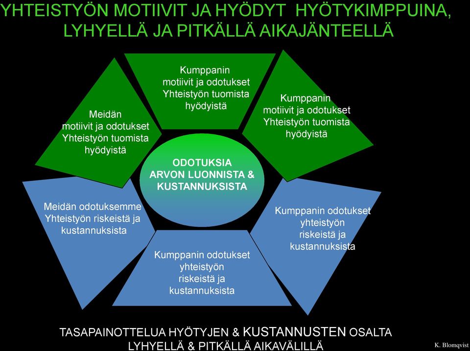 Yhteistyön tuomista hyödyistä Meidän odotuksemme Yhteistyön riskeistä ja kustannuksista Kumppanin odotukset yhteistyön riskeistä ja