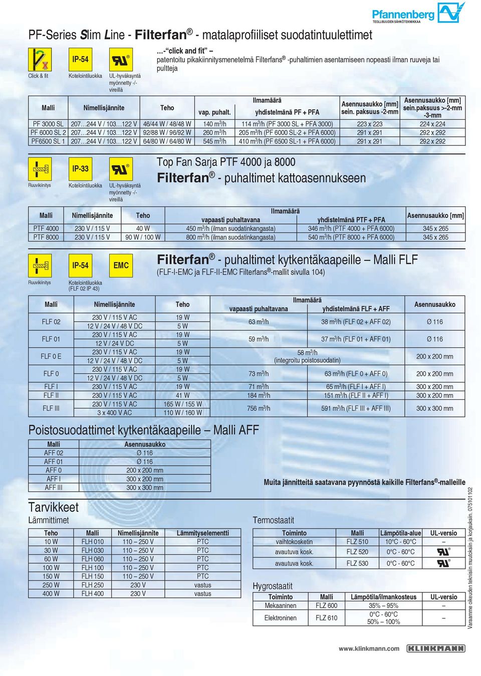 yhdistelmänä PF + PFA Top Fan Sarja PTF 4000 ja 8000 Filterfan - puhaltimet kattoasennukseen Filterfan - puhaltimet kytkentäkaapeille FLF (FLF-I- ja FLF-II- Filterfans -mallit sivulla 104)