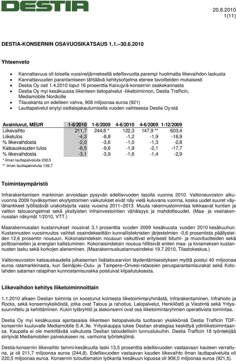 mukaisesti Destia Oy osti 1.4.