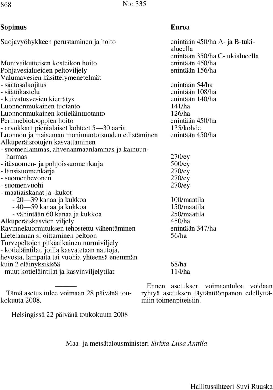 141/ha Luonnonmukainen kotieläintuotanto 126/ha Perinnebiotooppien hoito enintään 450/ha - arvokkaat pienialaiset kohteet 5 30 aaria 135/kohde Luonnon ja maiseman monimuotoisuuden edistäminen