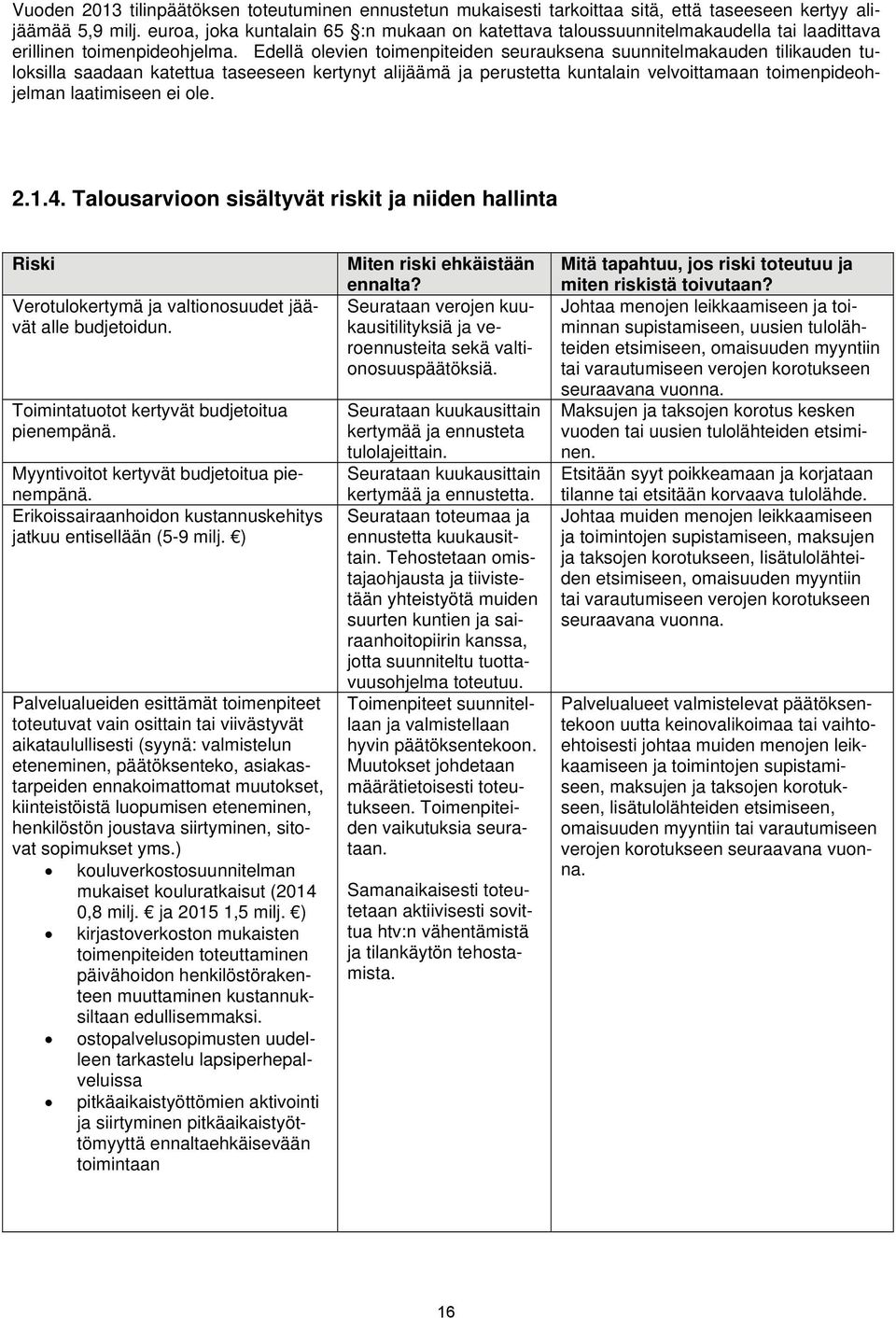 Edellä olevien toimenpiteiden seurauksena suunnitelmakauden tilikauden tuloksilla saadaan katettua taseeseen kertynyt alijäämä ja perustetta kuntalain velvoittamaan toimenpideohjelman laatimiseen ei