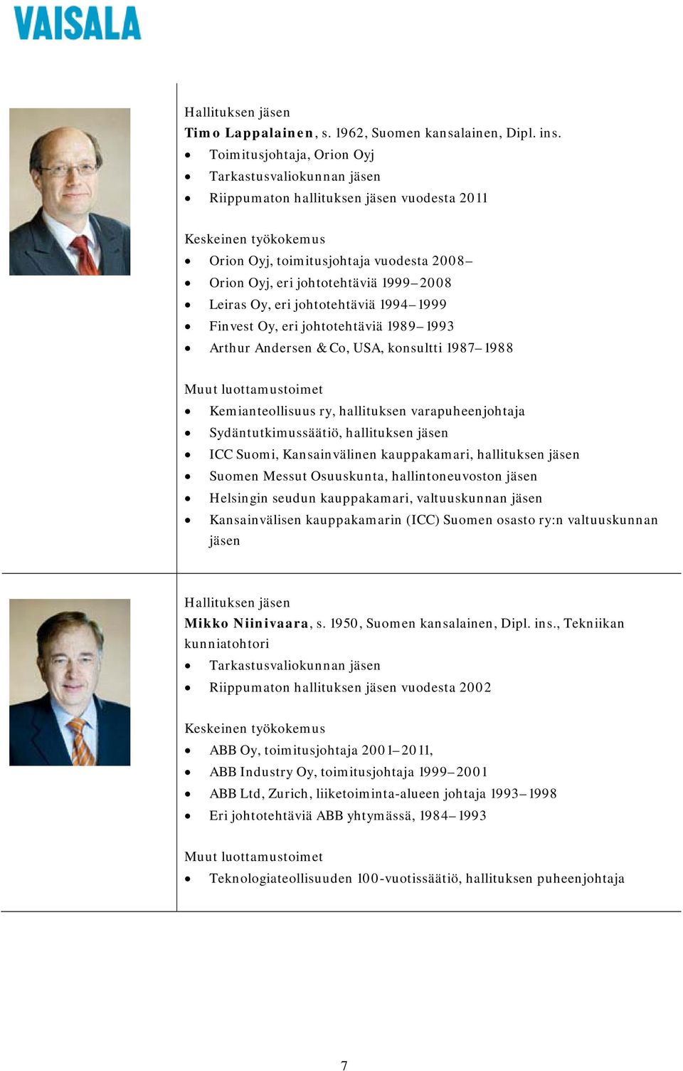 Leiras Oy, eri johtotehtäviä 1994 1999 Finvest Oy, eri johtotehtäviä 1989 1993 Arthur Andersen & Co, USA, konsultti 1987 1988 Muut luottamustoimet Kemianteollisuus ry, hallituksen varapuheenjohtaja