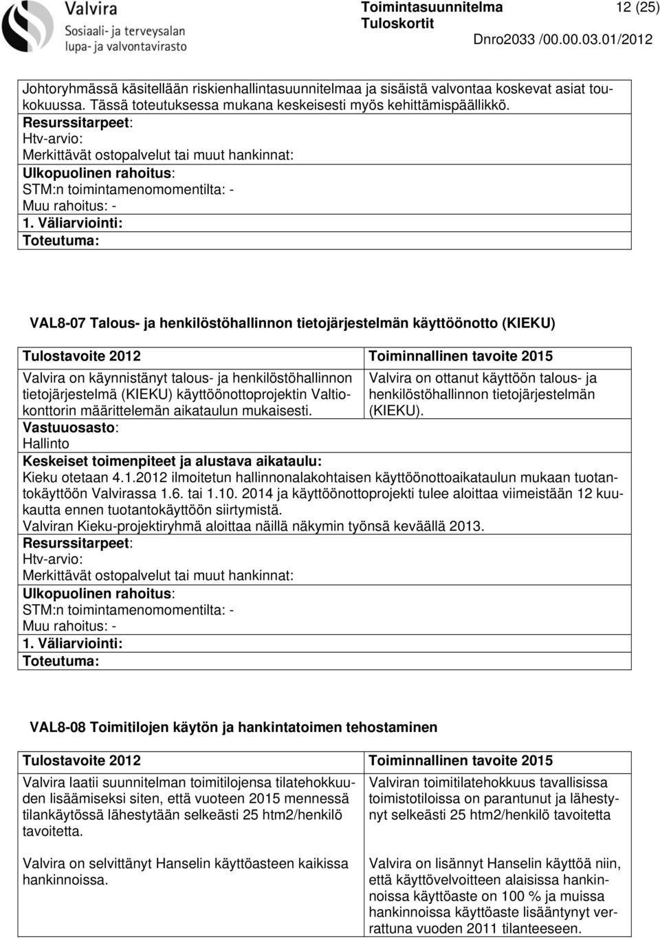 määrittelemän aikataulun mukaisesti. Valvira on ottanut käyttöön talous- ja henkilöstöhallinnon tietojärjestelmän (KIEKU). Hallinto Kieku otetaan 4.1.