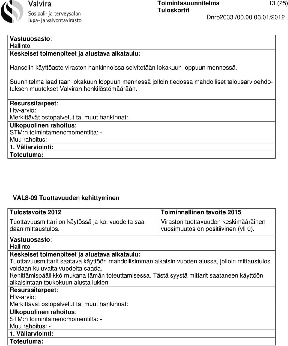 VAL8-09 Tuottavuuden kehittyminen Tuottavuusmittari on käytössä ja ko. vuodelta saadaan mittaustulos. Viraston tuottavuuden keskimääräinen vuosimuutos on positiivinen (yli 0).